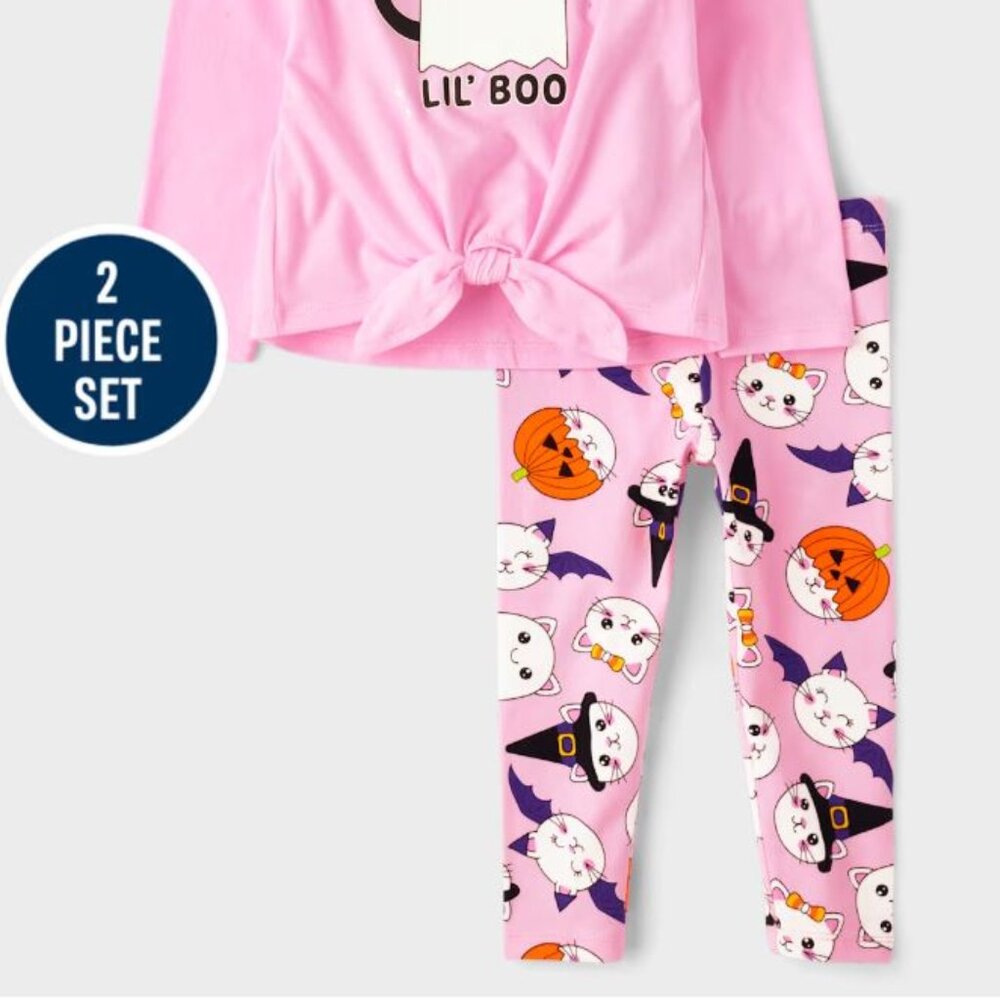 NWT The Children’s Place Halloween Girls Glow Cat Ghost Cotton Outfit Set pink - Picture 2 of 6